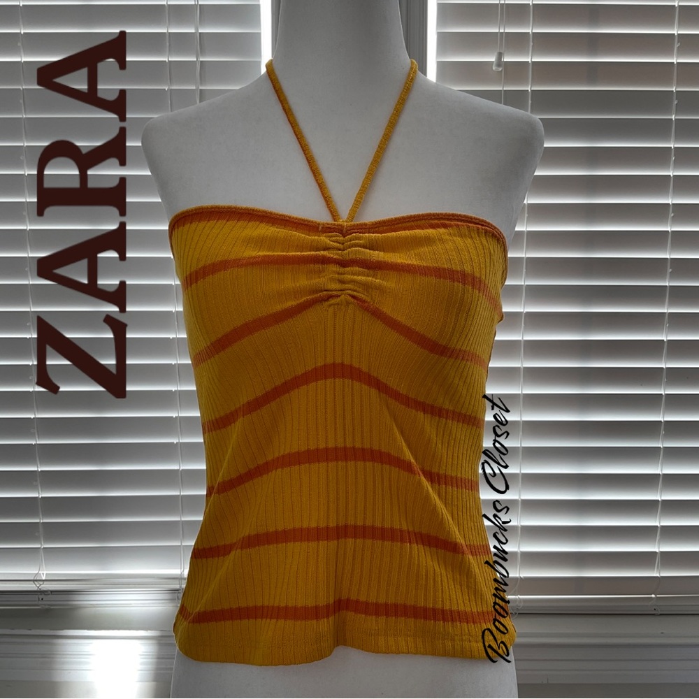 NWT ZARA Orange Yellow Striped Halter Tie neck Top Small